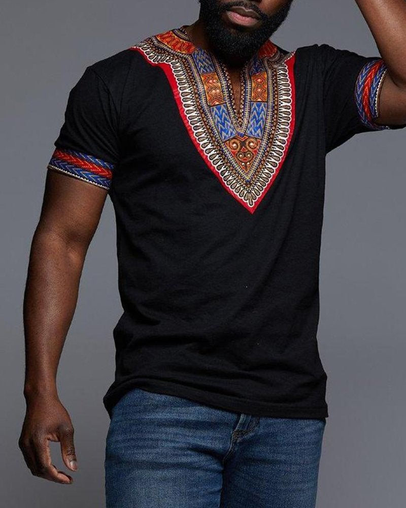 Makkrom Mens African Dashiki T Shirt Tribal Floral Print V Neck Slim Fit Shirts Tops - Image 3